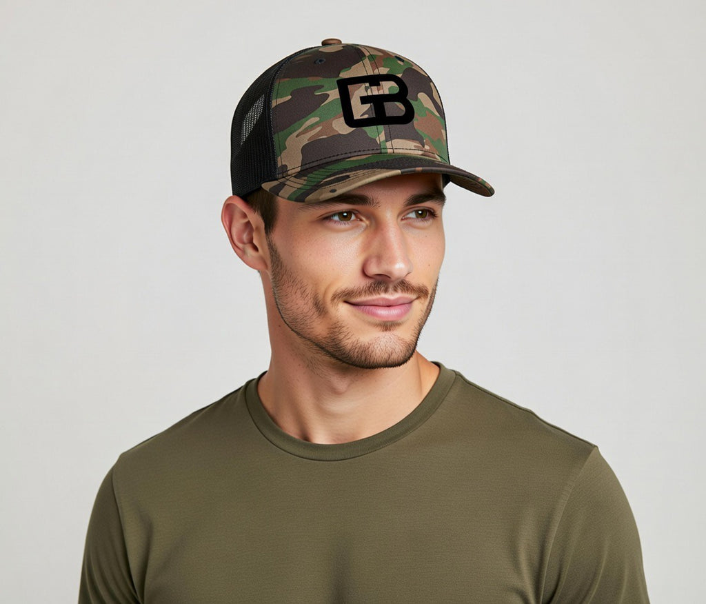 GB Camo  Black Back trucker hat